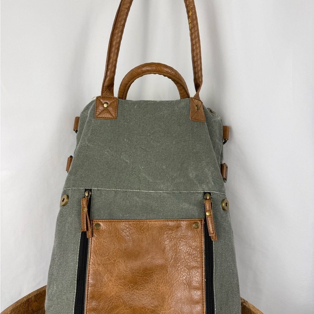 Mona B Canvas Vegan Leather Tote Backpack Olive Green
